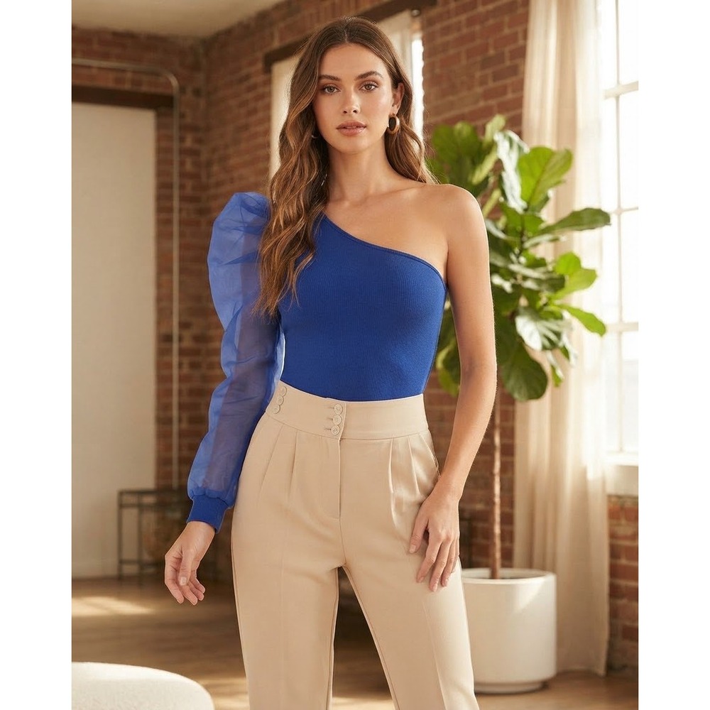 Royal Blue One Shoulder Organza Puff Sleeve Ribbed Bodysuit size M